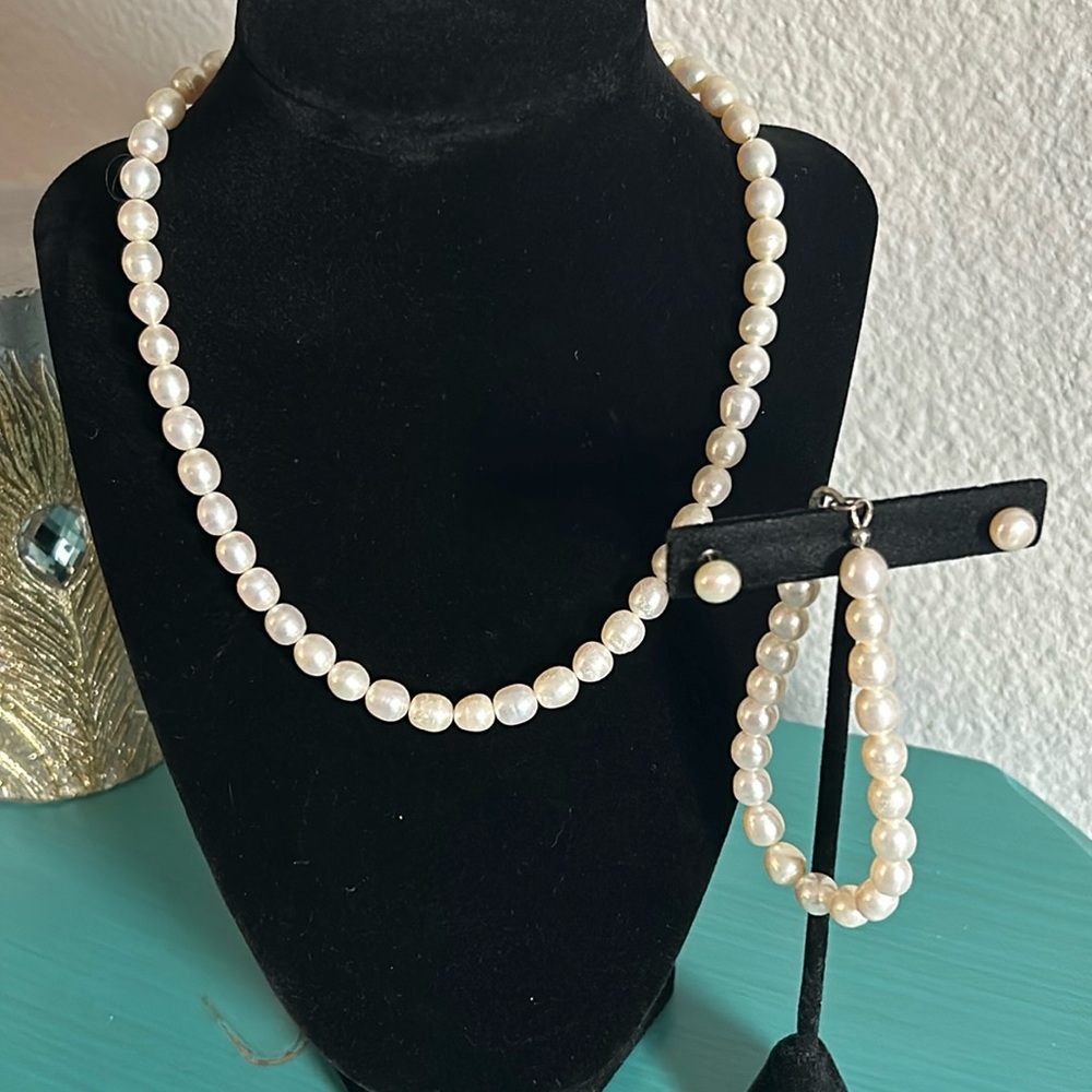 7 - 8mm White Freshwater Pearl High Luster Strand, Bracelet, Earrings Set